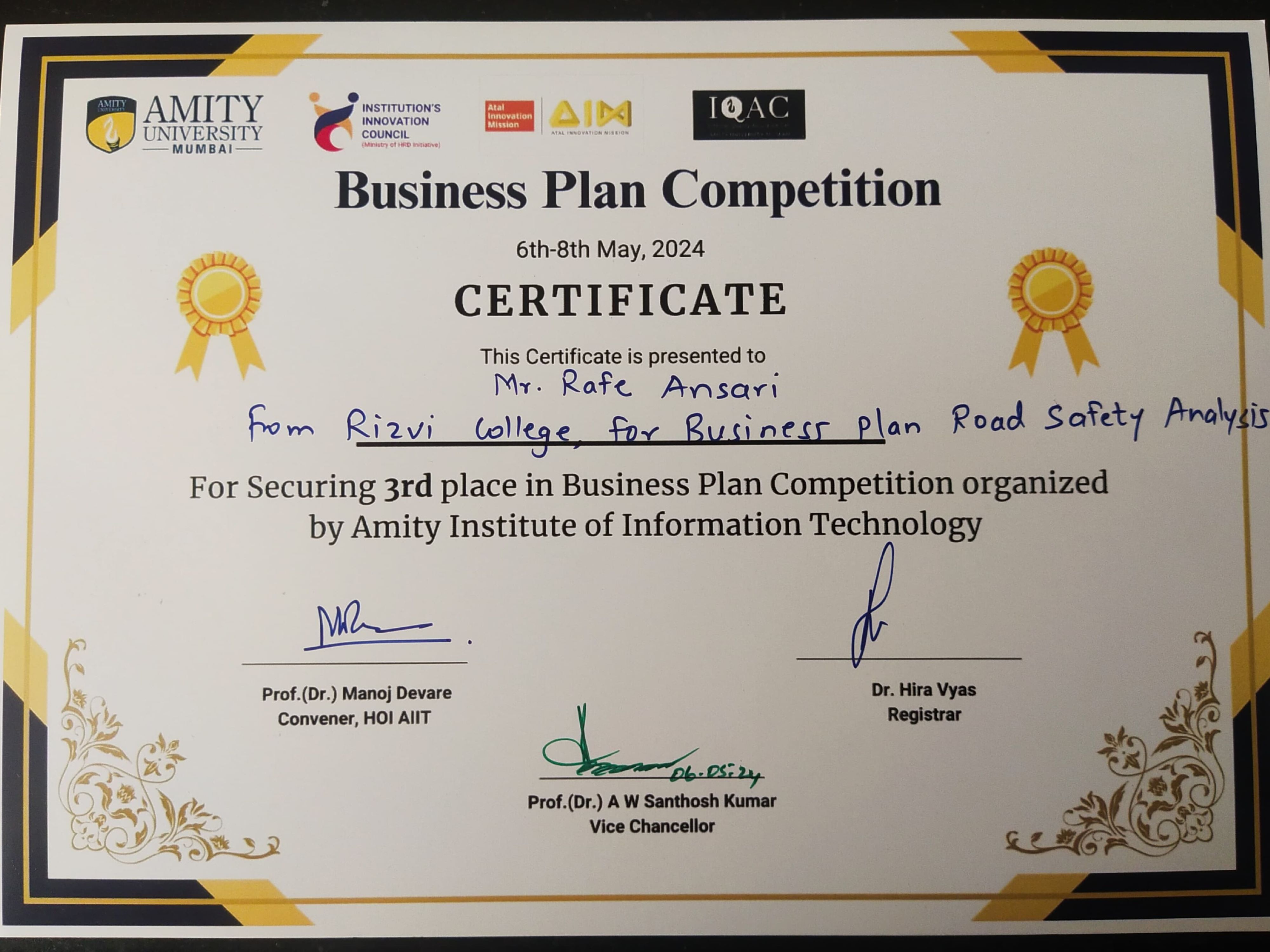 Secured 3rd Place in Business Plan Competition - 2024