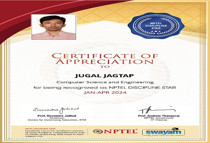 Prof. Jugal Jagtap from Department of Mechanical Engineering, 
RCOE received a Certificate of Appreciation for completing 6 courses of total 60 weeks, 
from Computer Science & Engineering Discipline with an average of 80%. 
He is now recognized as NPTEL Discipline Star.