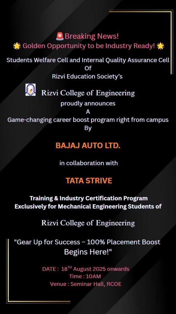 Accelerate Your Mechanical Engineering Career: Industry-Ready Program by Bajaj Auto & Tata Strive at RCOE